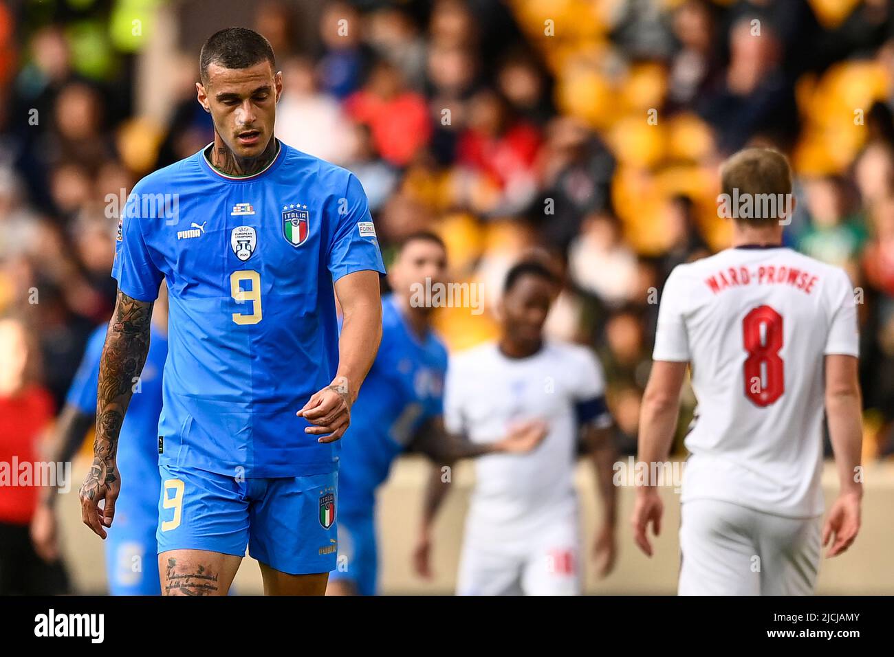 Foto Lapresse - Fabio Ferrari11 Giugno 2022 Wolverhampton, Regno Unito Sport Calcio Inghilterra vs Italia - UEFA Nations League - Gruppo C Giornata 3/6 - Stadio Molineux. Nella foto:Gianluca Scamacca (Italie) photo Lapresse - Fabio Ferrari juin, 11 2022 Wolverhampton, Royaume-Uni football Angleterre contre Italie - UEFA Nations League - Groupe C 3/6 - Molineux Stadium. Dans la photo: Gianluca Scalacca (Italie) Banque D'Images