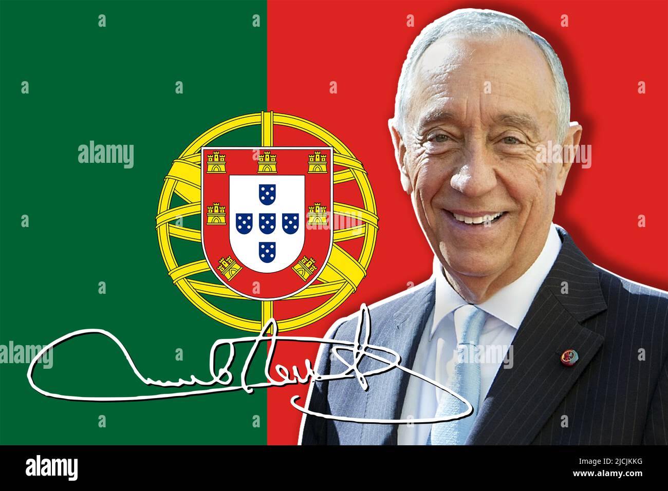 Marcelo Rebelo de Sousa, drapeau et signature du Portugal Banque D'Images