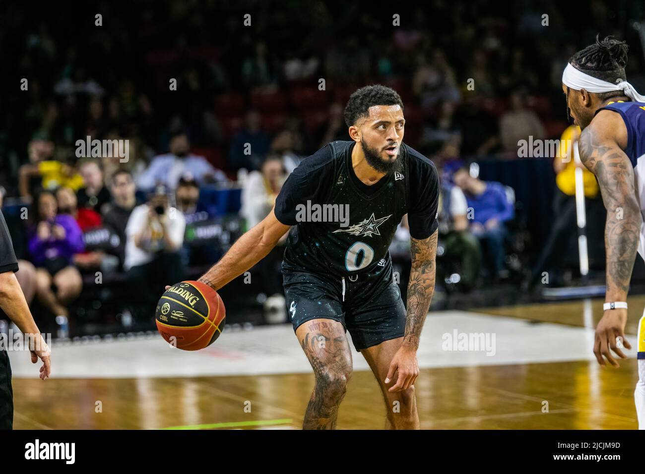 Edmonton, Canada. 12th juin 2022. Jalen Harris (Garde), no 0 de Scarborough, vu en action pendant le match de la Ligue canadienne de basketball élite entre les stars de tir de Scarborough et les Edmonton Stingers au centre d'exposition d'Edmonton. (Score final; Scarborough Shooting Stars 78:69 Edmonton Stingers). (Photo de Ron Palmer/SOPA Images/Sipa USA) crédit: SIPA USA/Alay Live News Banque D'Images