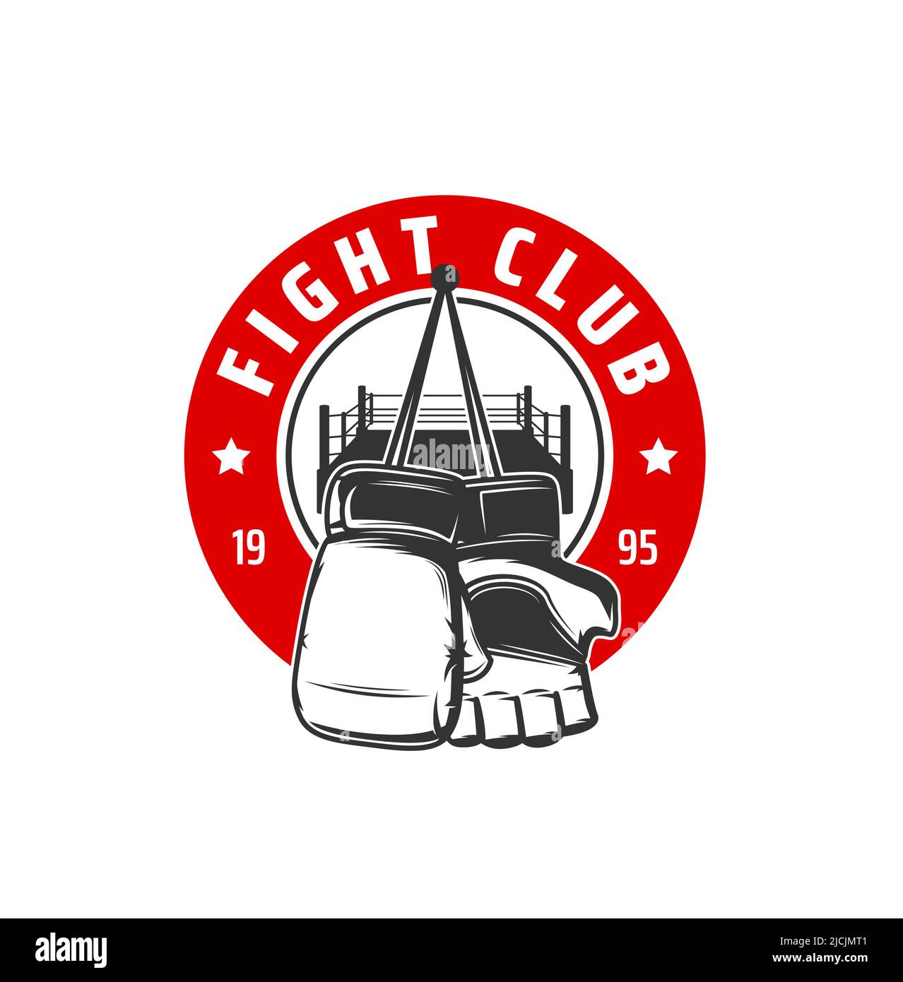 Icône du club de combat, sport de boxe ou emblème MMA vectoriel de kick-boxing. Box ou Muay Thai luttant club de sport et centre d'entraînement des arts martiaux signe avec des gants de boxeur et des étoiles sur l'anneau de combat Illustration de Vecteur