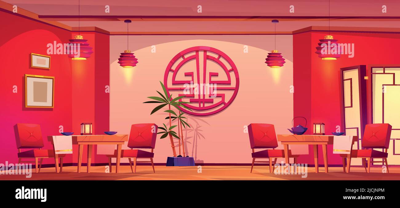 Illustration vectorielle de dessin animé intérieur vide du restaurant chinois. China café salle à manger avec décoration et mobilier asiatiques traditionnels, lanternes rouges orientales et écran pliant Illustration de Vecteur