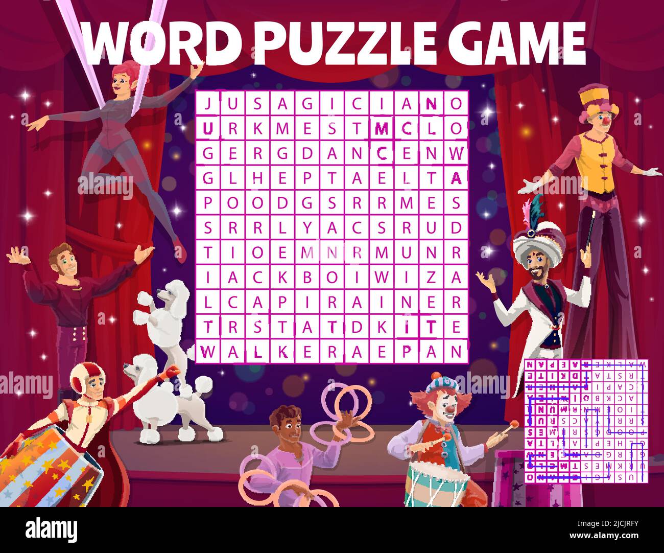 Feuille de travail du jeu de puzzle de recherche de mots des artistes de cirque de Shapito. Grille de mots croisés Vector Kids avec jongleur, magicien, coolé et clown, danseur et gymnaste, magicien, entraîneur ou stiltwalker, tâche de mots Illustration de Vecteur