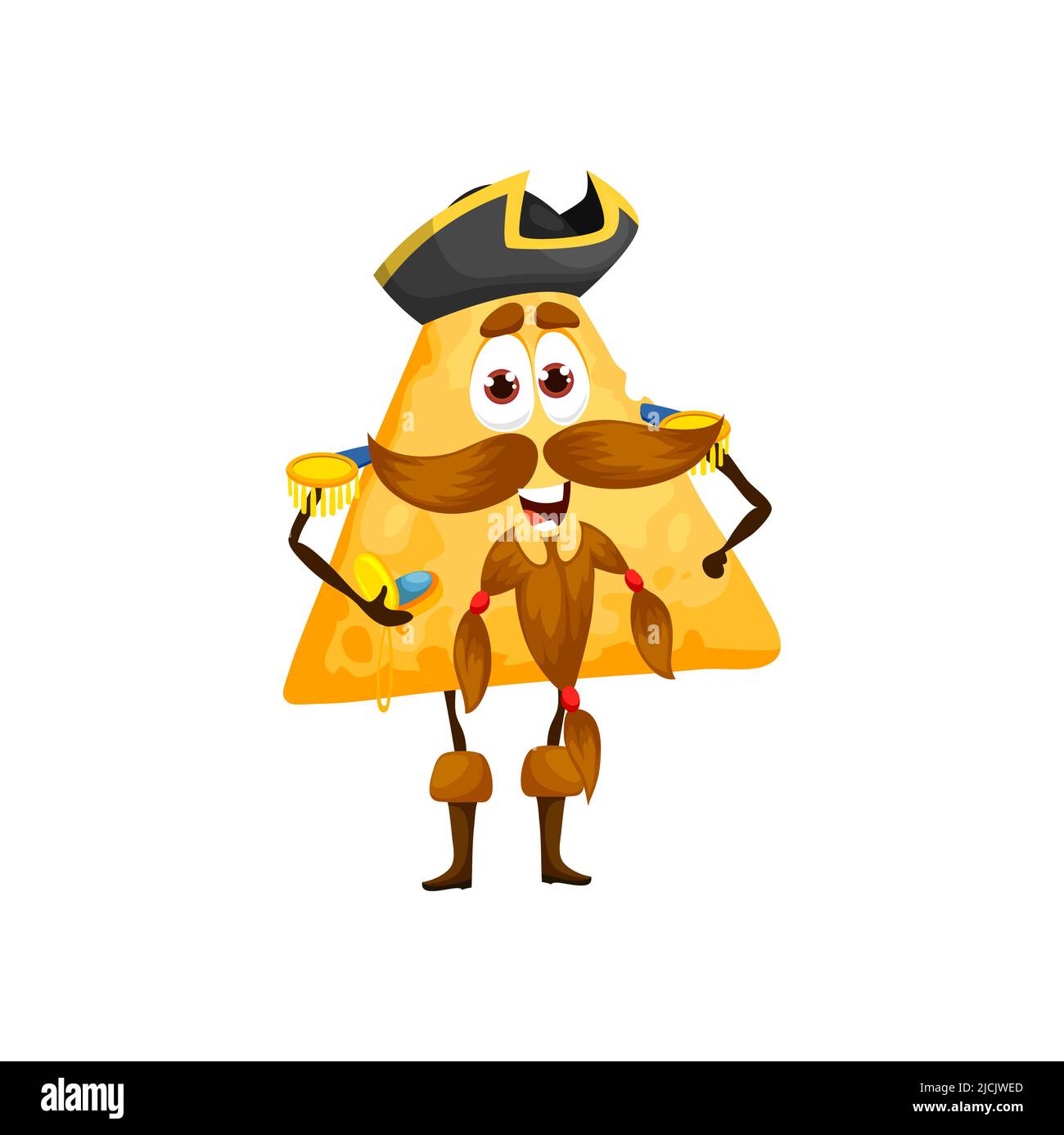 Personnage de capitaine de pirate mexicain Nachos Chip de dessin animé.  Personnage vectoriel de corsair de croustilles tortilla avec une barbe  amusante, un chapeau de capitaine pirate et une montre à compas