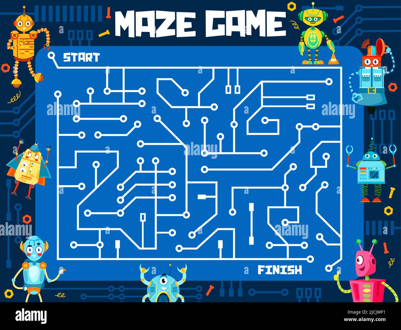 Labyrinthe de labyrinthe de jeu, dessin animé robots et droïdes drôles, feuille de calcul de puzzle de vecteur. Les enfants échappent puzzle ou labyrinthe énigme énigme sur la carte mère de l'ordinateur pour chercher et trouver la voie pour les jouets de robot Illustration de Vecteur