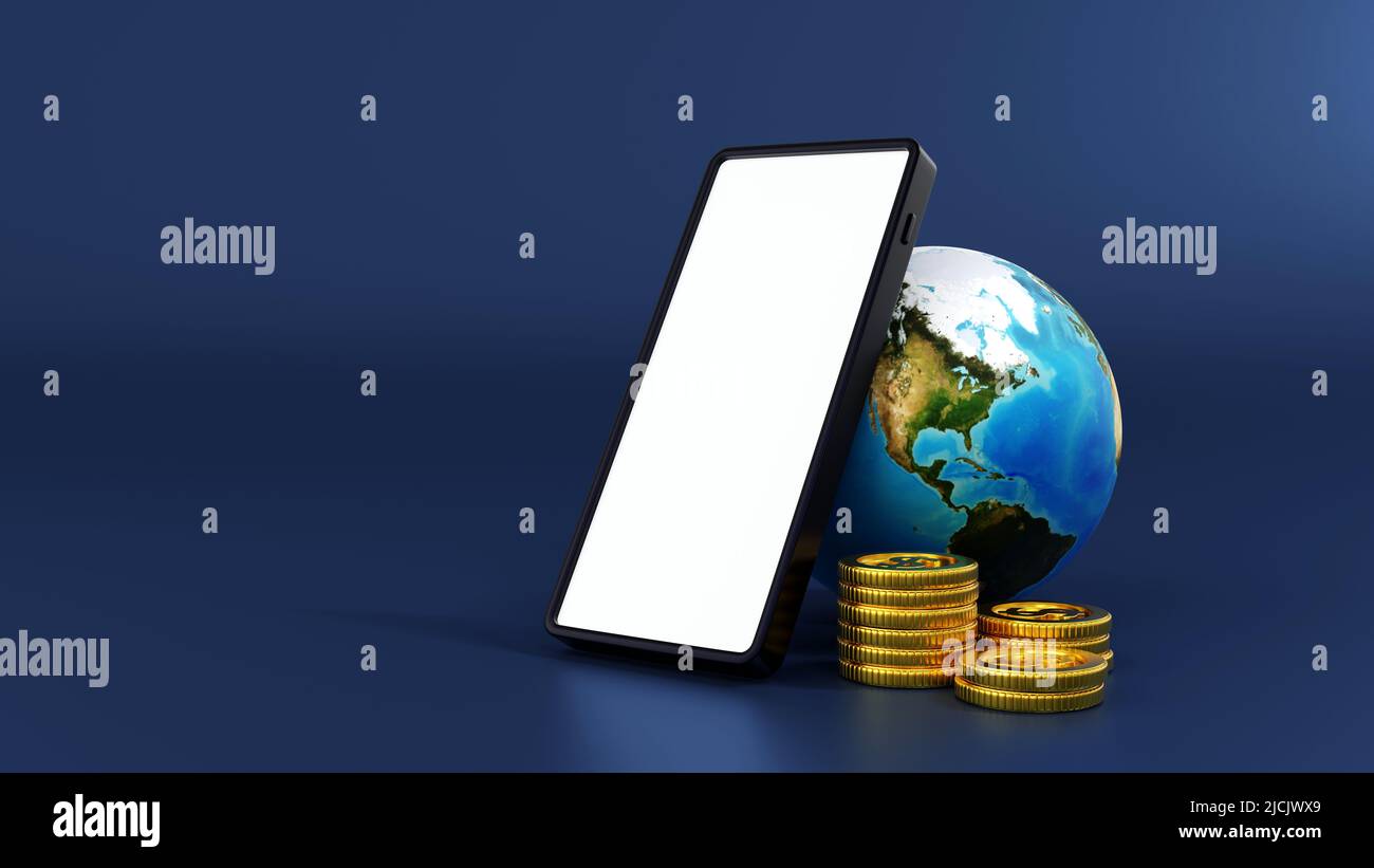 Smartphone avec pile de pièces d'or et globe ou terre, monde des affaires et des concepts financiers. 3D rendu. Élément par NASA Banque D'Images