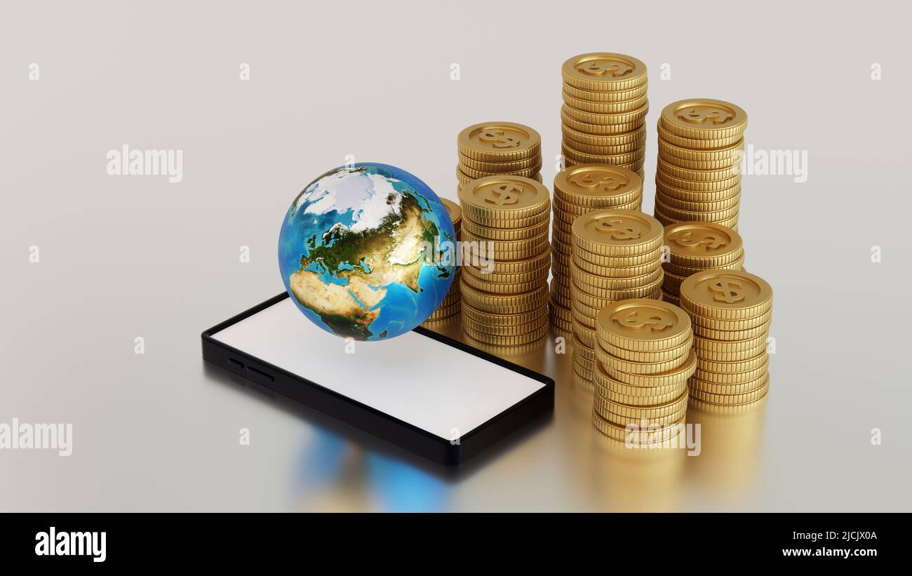 Smartphone avec pile de pièces d'or et globe ou terre, monde des affaires et des concepts financiers. 3D rendu. Élément par NASA Banque D'Images