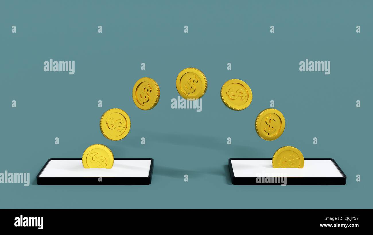 Concept de banque mobile, transfert de pièces de monnaie d'un smartphone à un autre téléphone portable, e-portefeuille de transfert d'argent en ligne, rendu 3D. Banque D'Images