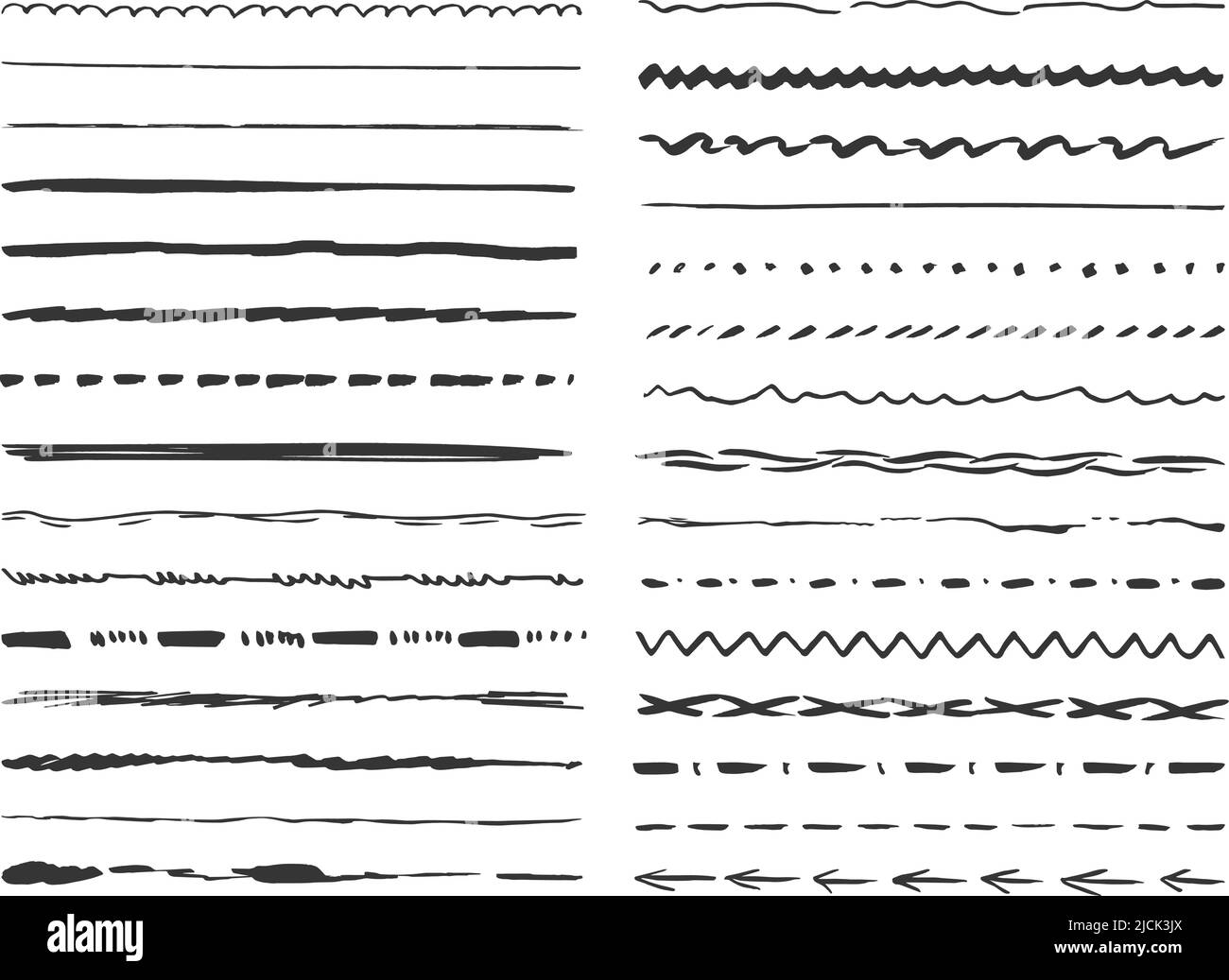 Lignes d'esquisse de grunge isolées. Crayon ou stylo Creativity Line, kit de brosse à encre. À main levée, dessinez des traits, des séparateurs à tracer. Jeu de vecteurs artistiques néoclassiques Illustration de Vecteur