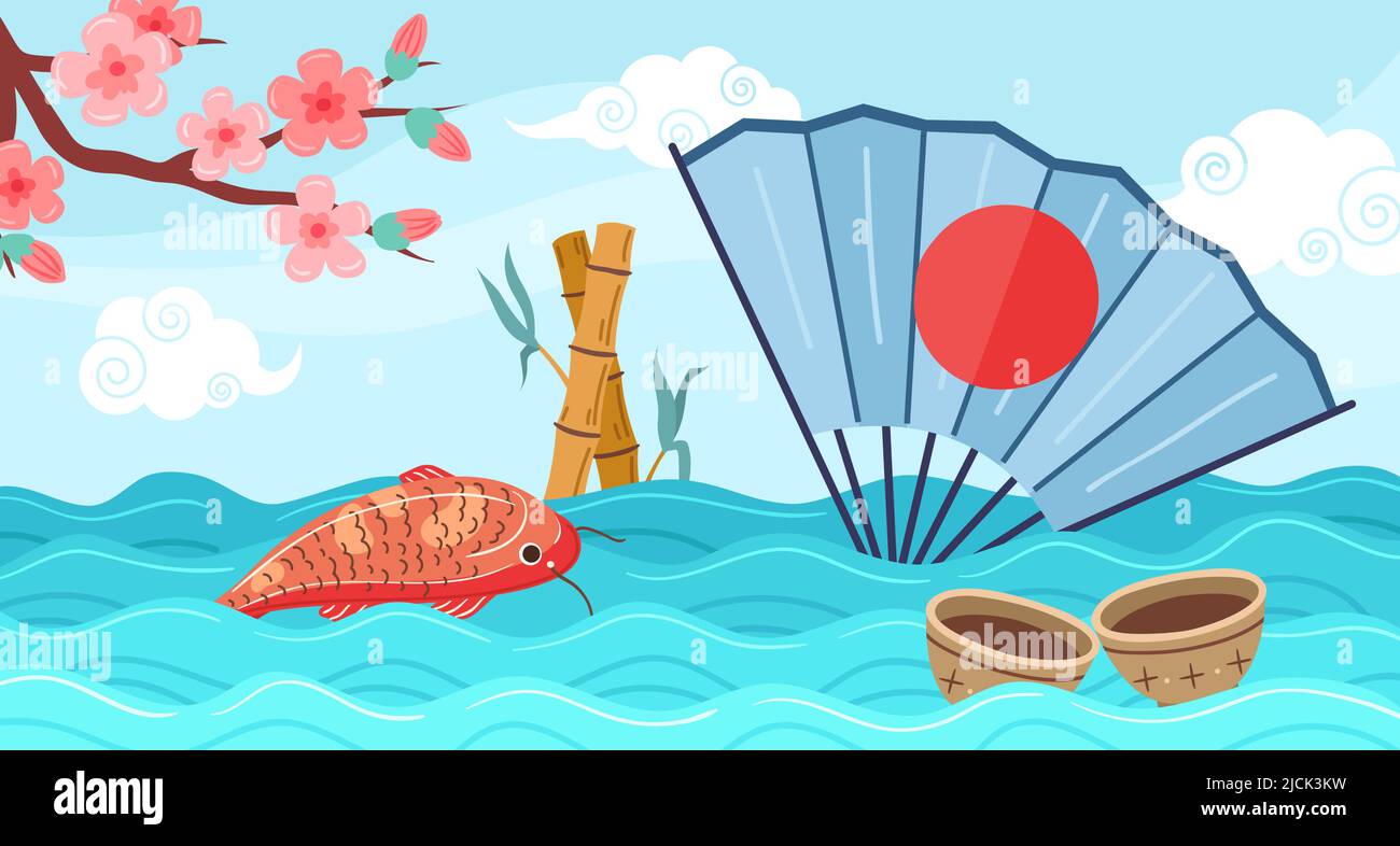 Fond de voyage asiatique, paysage abstrait japonais. Poisson koï, branche sakura et éventail avec soleil rouge dans l'océan ou les vagues de mer, symboles orientaux vectoriels Illustration de Vecteur