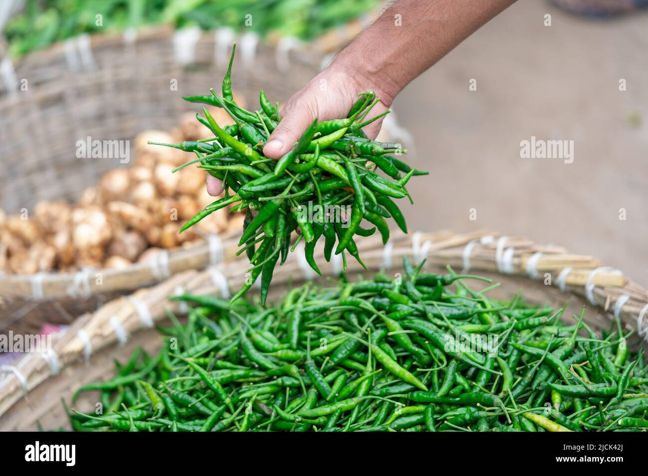 L'homme tient le piment vert dans sa main. Le symbole de la masculinité Banque D'Images