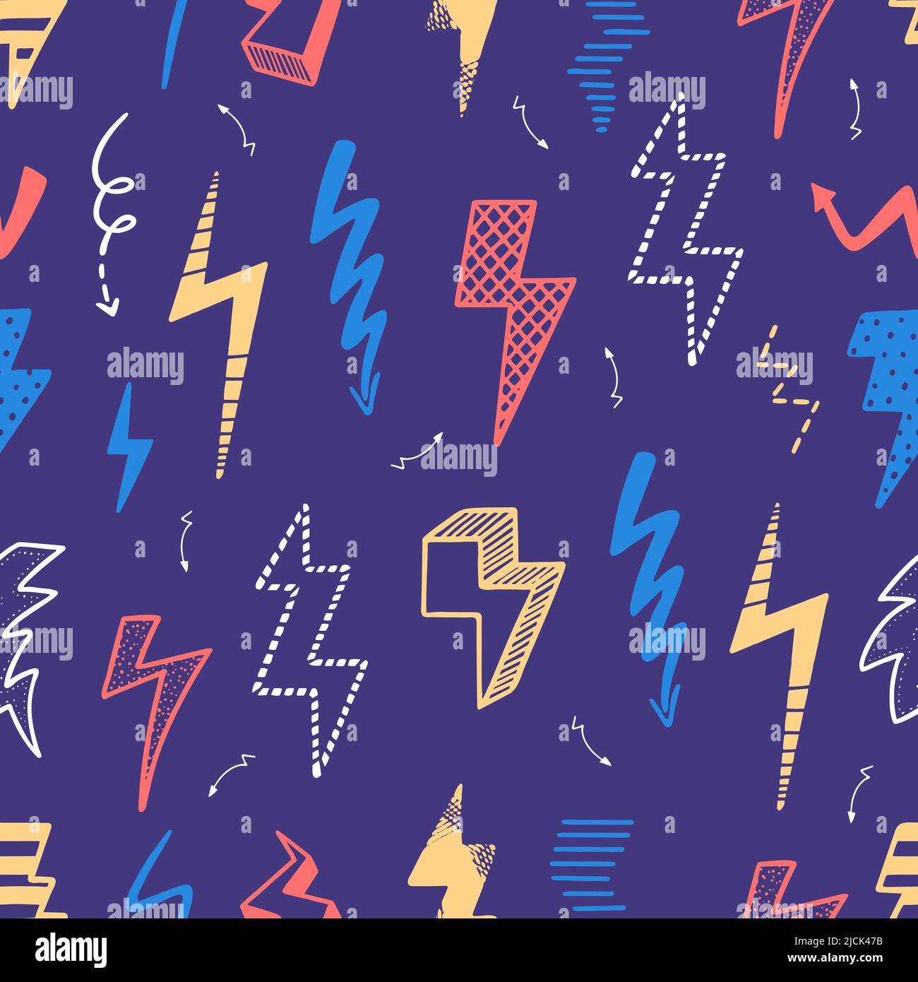 Motif d'éclairage sans couture Doodle. Lumières en forme de tonnerre et imprimé fille. Super-héros éclairs électriques, rétro énergie vecteur néotérique de puissance Illustration de Vecteur