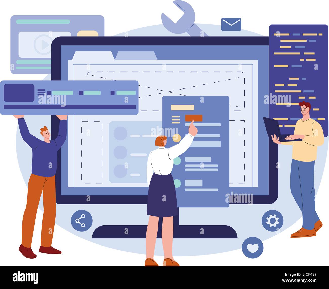 Concept de développement logiciel. Chef de projet homme d'affaires, réseau web développeur geek. Personnage de codeur de site Web plat, vecteur de kicky de travail d'équipe numérique Illustration de Vecteur
