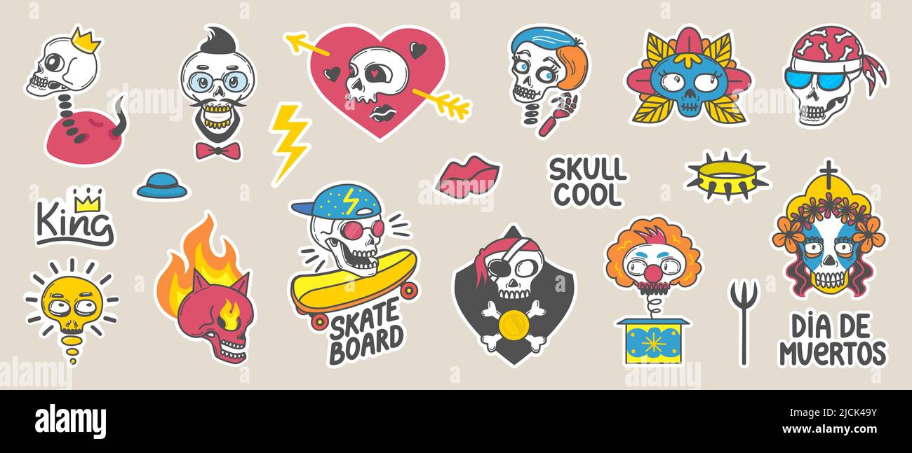 Autocollants art crâne. Doodle Biker Skulls patches, flash et troisième oeil personnages drôles. Autocollant pour planche à roulettes, style punk gothique, vecteur néoclassique Illustration de Vecteur