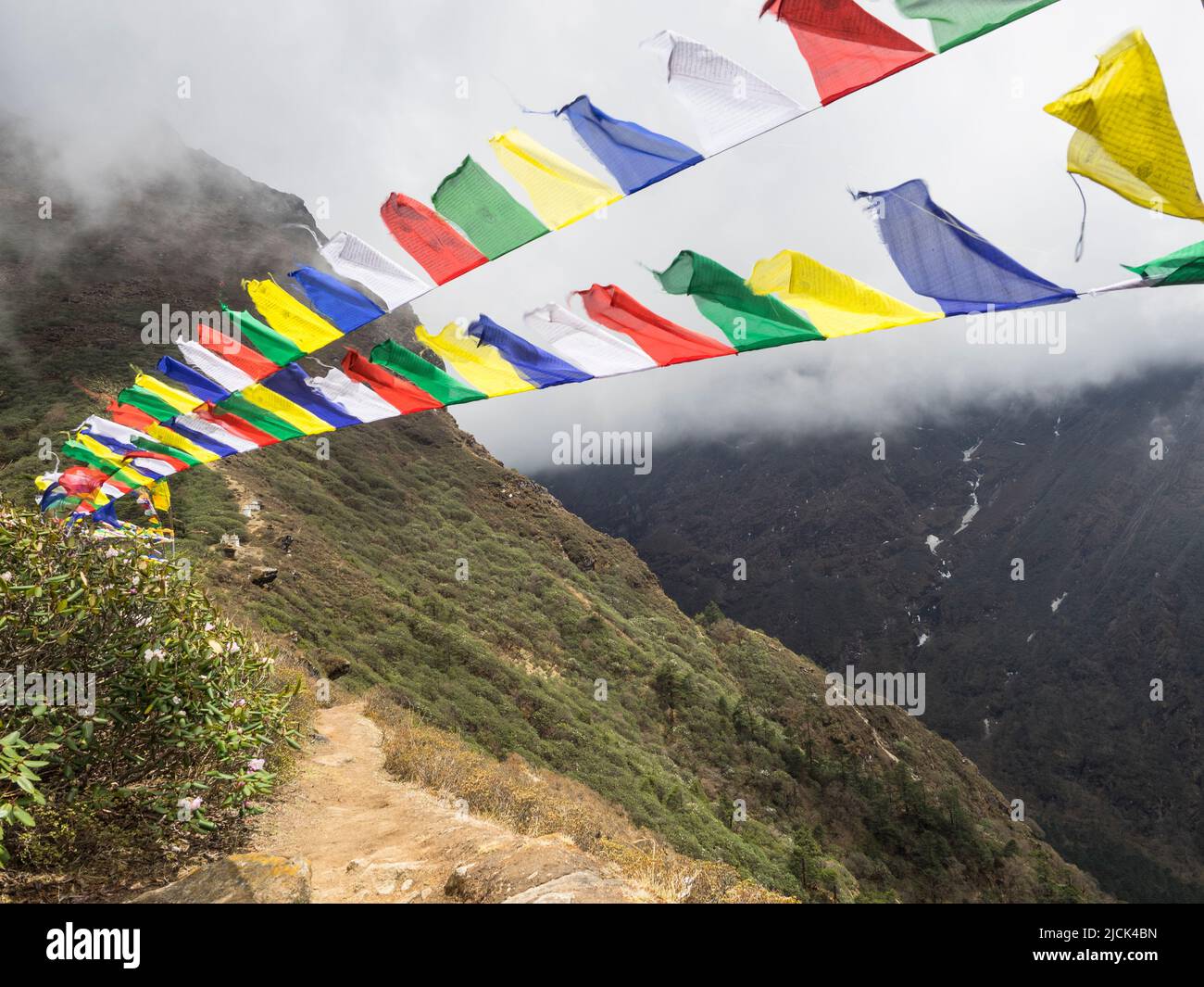 Drapeaux de prière sur une crête au-dessus de Tengboche, Khumbu Banque D'Images