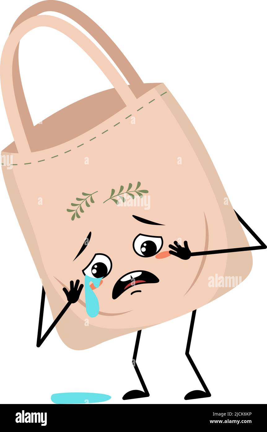 Joli sac en tissu avec pleurs et larmes, émotion, visage triste, yeux dépressifs, bras et jambes. Cabas au visage mélancolique, alternative écologique au sac en plastique. Illustration vectorielle plate Illustration de Vecteur