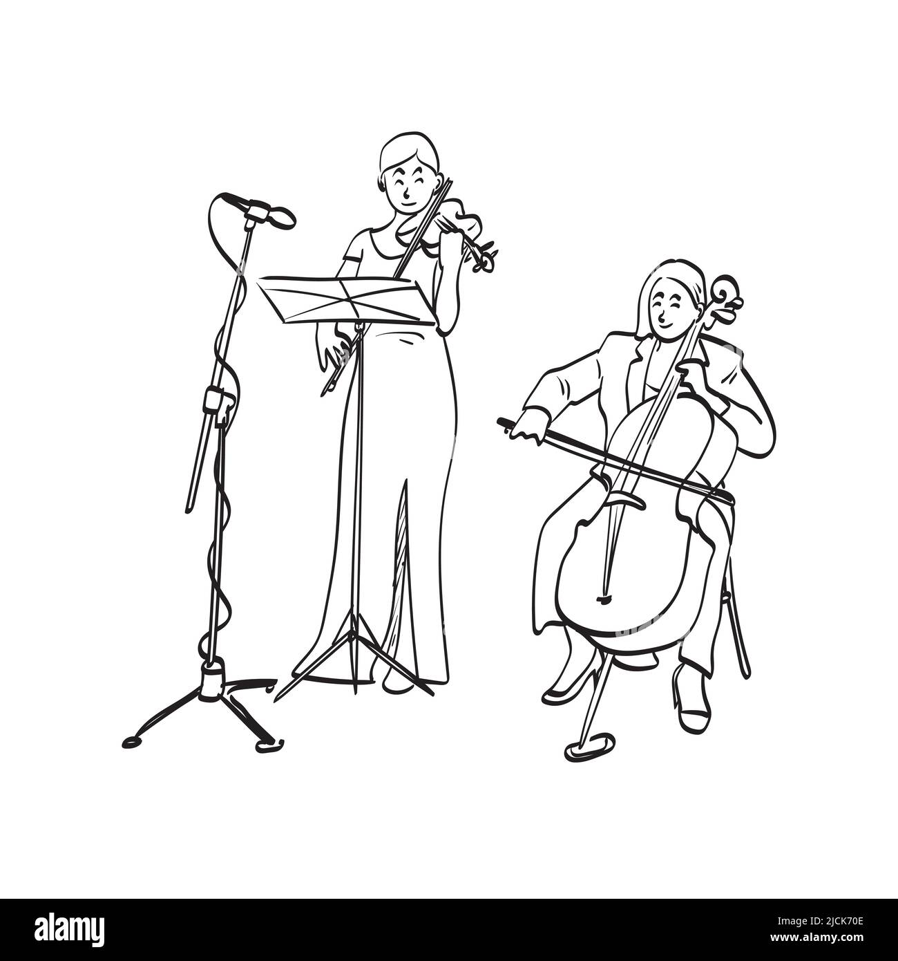 femme jouant du violon et du violoncelle avec un microphone illustration vectorielle dessinée à la main isolée sur fond blanc dessin de ligne Illustration de Vecteur