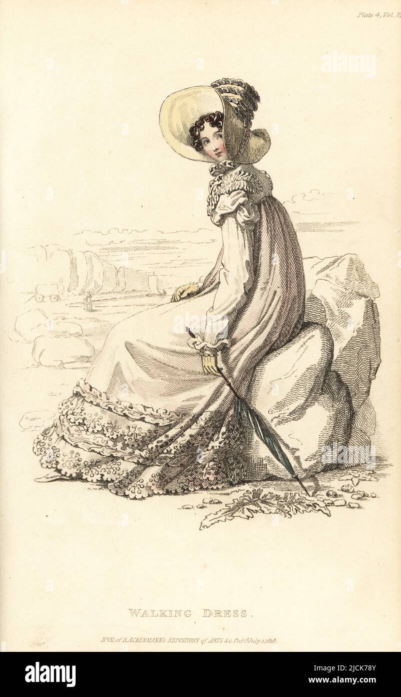 Régence dame en robe de marche assis sur un rocher sur une plage, 1818. Robe de masseline de jaconot sur un slip de sarsnet, veste spencer blanche à cordon de luth et rayures, chapeau Leghorn avec rubans de satin. 6, tôle 4, 1 juillet 1818. Conçu par Miss McDonald du 50 South Molton Street. Gravure sur plaque de coperplate de couleur main par Thomas Uwins de Rudolph Ackermann's Repository of Arts, Strand, Londres. Banque D'Images