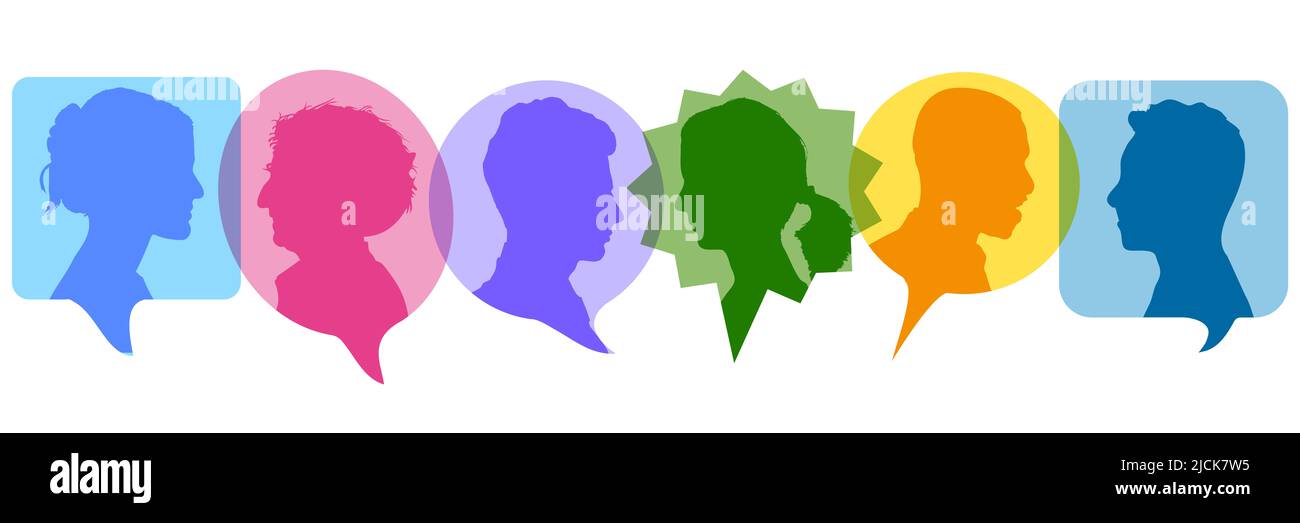 Des bulles de discours colorées avec des silhouettes de têtes comme concept de communication et d'opinion Banque D'Images