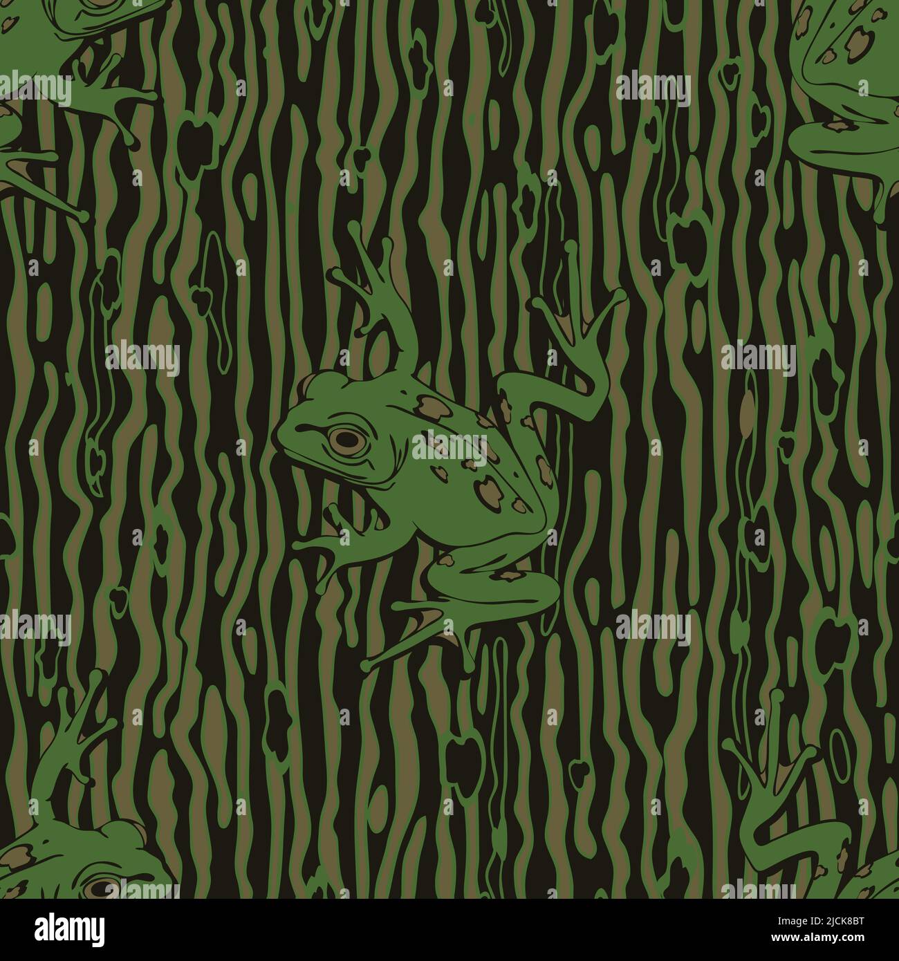 Motif vectoriel sans couture avec grenouille sur fond vert. Papier peint camouflage animal. Textile de mode à texture toile décorative. Illustration de Vecteur