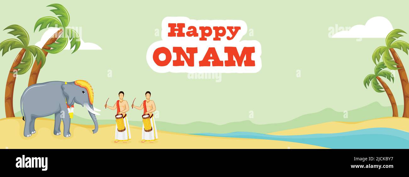 Style autocollant lettres d'onam heureux avec des tambours sud-indiens, un animal éléphant, une noix de coco ou un palmier sur fond vert et jaune de rivière. Illustration de Vecteur