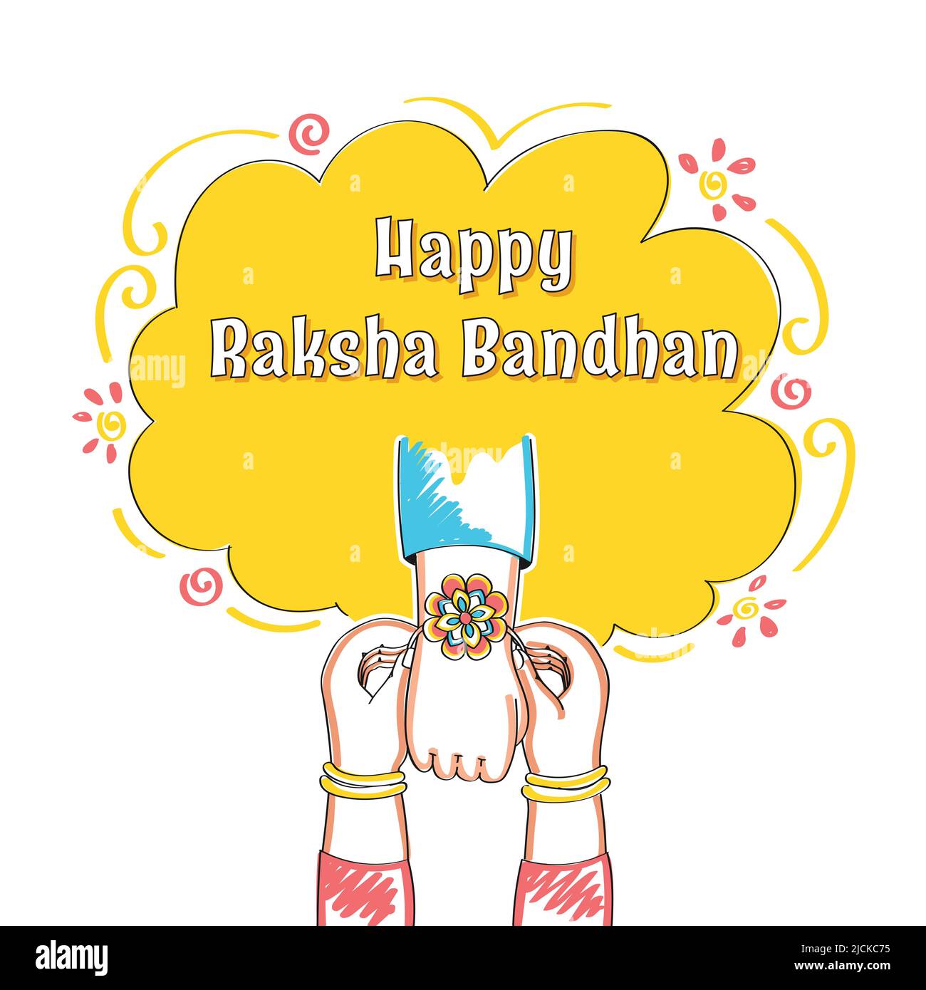 Happy Raksha Bandhan concept de célébration avec vue rapprochée de soeur Tying Rakhi (bracelet) à son frère sur fond jaune et blanc. Illustration de Vecteur