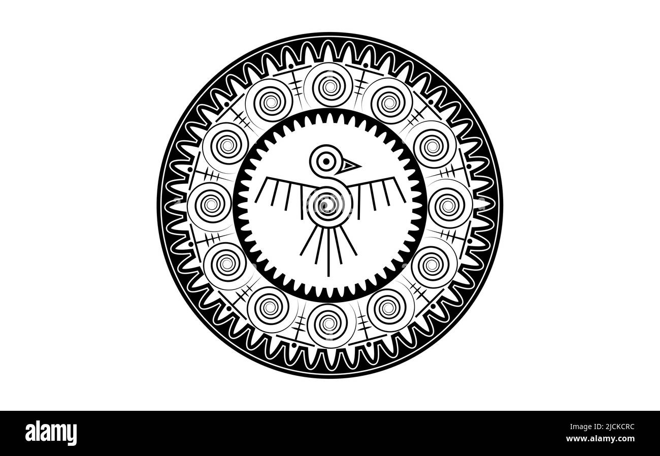 Aztec oiseau cadre rond signe isolé ancien symbole de religion. Vector Maya fantastique icône de tatouage animal. Totem de la culture américaine, mascotte ethnique tribale. Illustration de Vecteur