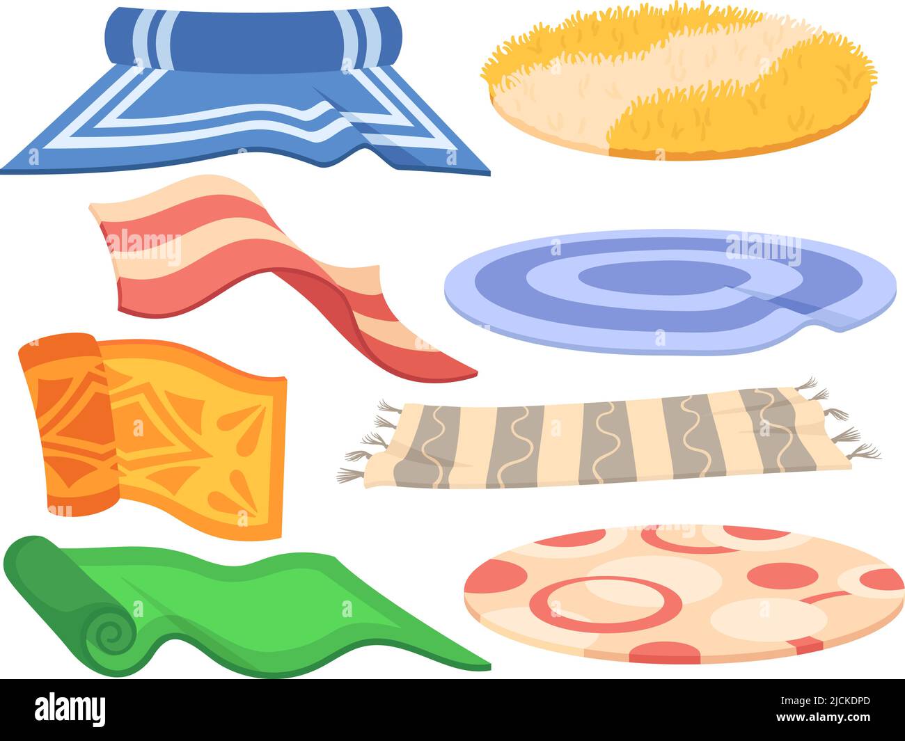 Différents tapis. Moquette de dessin animé confortable, tapis de sol pour la décoration intérieure. Tapis ronds et carrés, ensemble de tissus maison mouettés et isolés Illustration de Vecteur