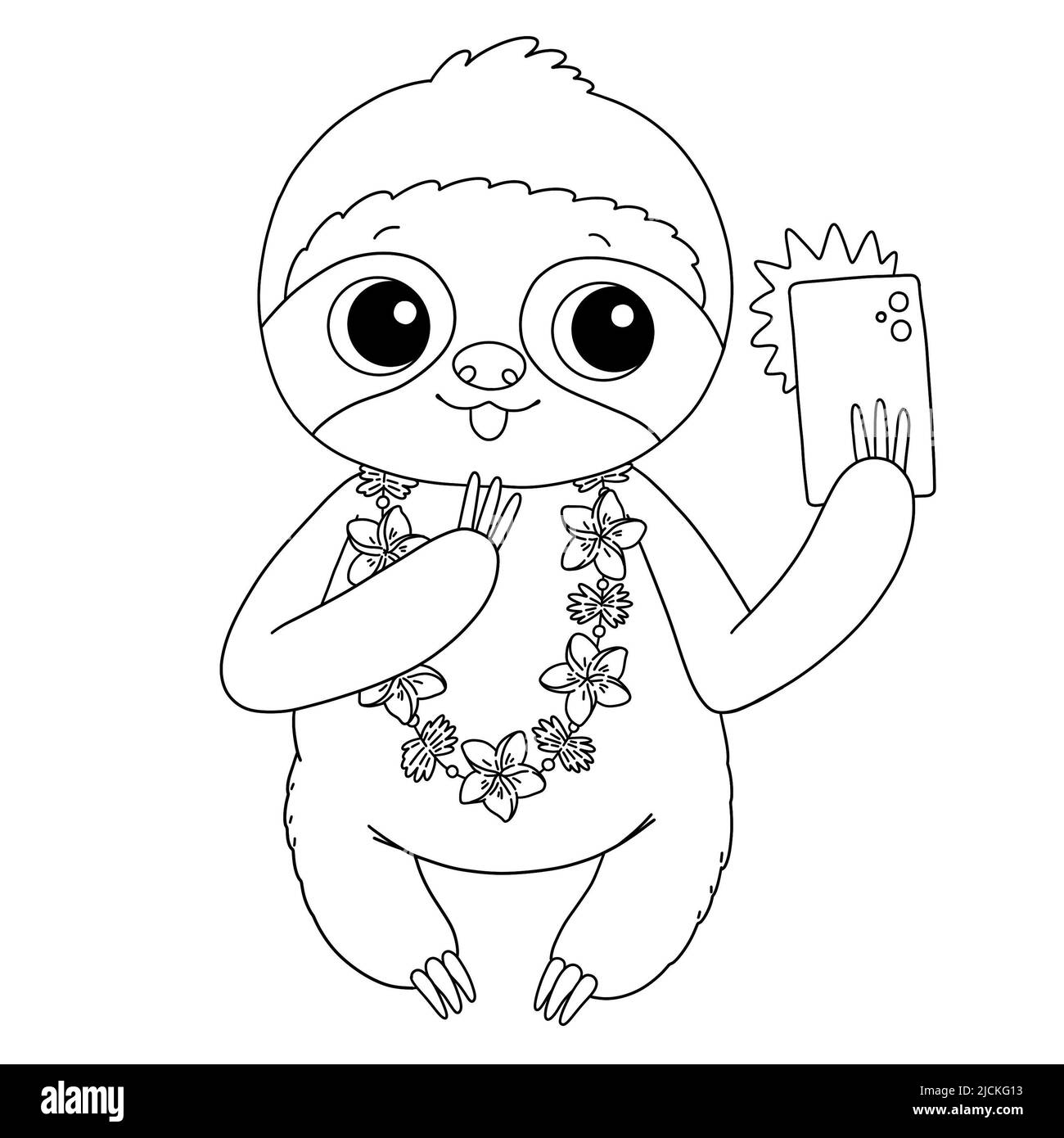 Adorable sloth avec fleurs et téléphone coloriage page Banque D'Images