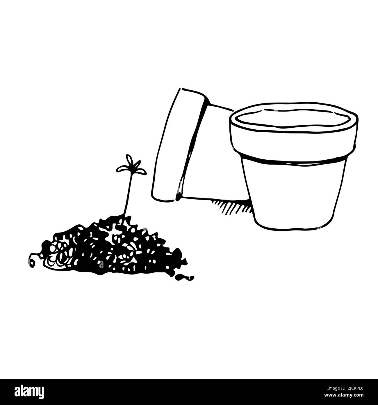 Pots de fleurs préparés pour la plantation, petit germe de plante sur une colline de sol, illustration vectorielle isolée sur fond blanc Illustration de Vecteur