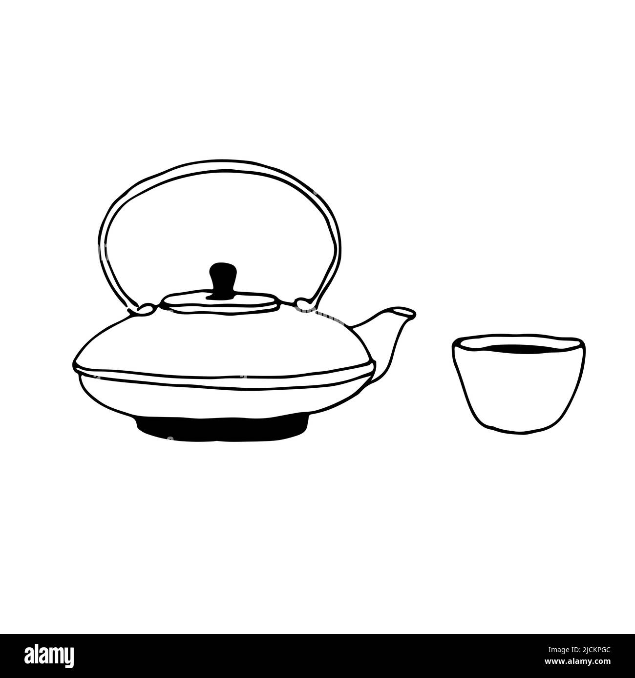 Théière en fonte chinoise et petite tasse à thé, illustration vectorielle isolée sur fond blanc Illustration de Vecteur