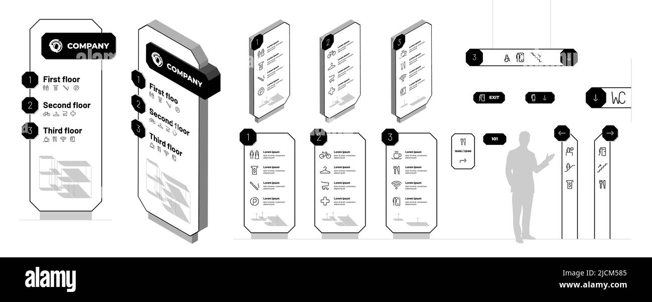 Mise en place de la maquette de signalisation du système d'orientation. Modèles de recherche de conception extérieurs et intérieurs. Maquette de navigation dans le centre commercial. Panneaux d'information sur les bâtiments commerciaux. Signes de vecteur de direction complexe résidentiel Illustration de Vecteur
