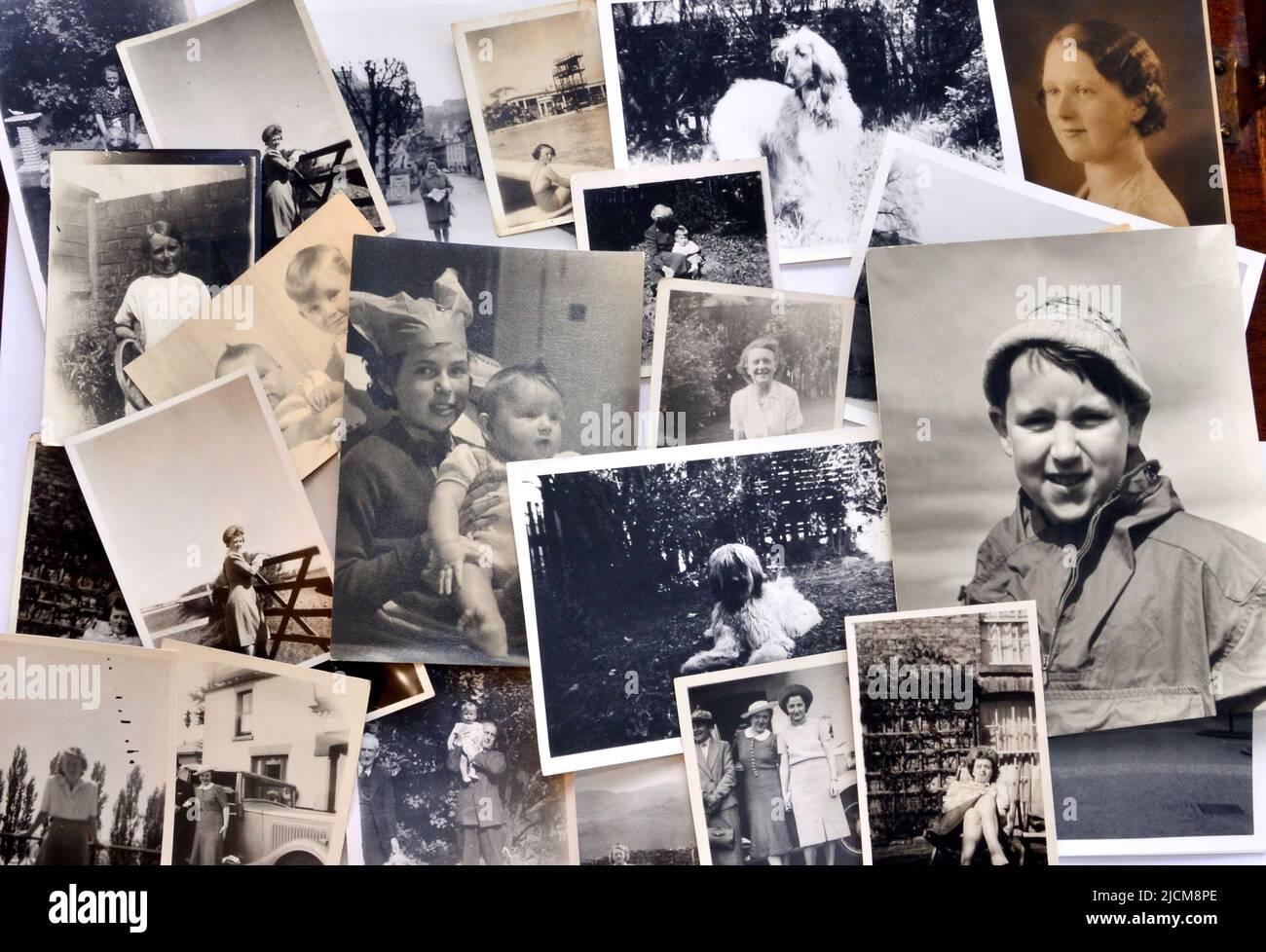 Une collection de photos ou d'imprimés photographiques anciens et anciens en noir et blanc. Thème rétro. Banque D'Images
