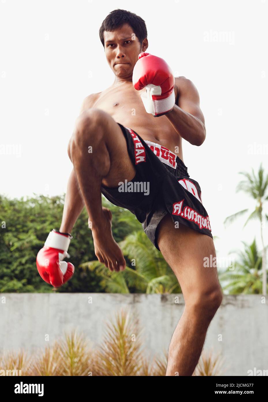 Un instructeur thaïlandais de muay montre quelques mouvements de boxe thaï. Phuket, Thaïlande. Banque D'Images