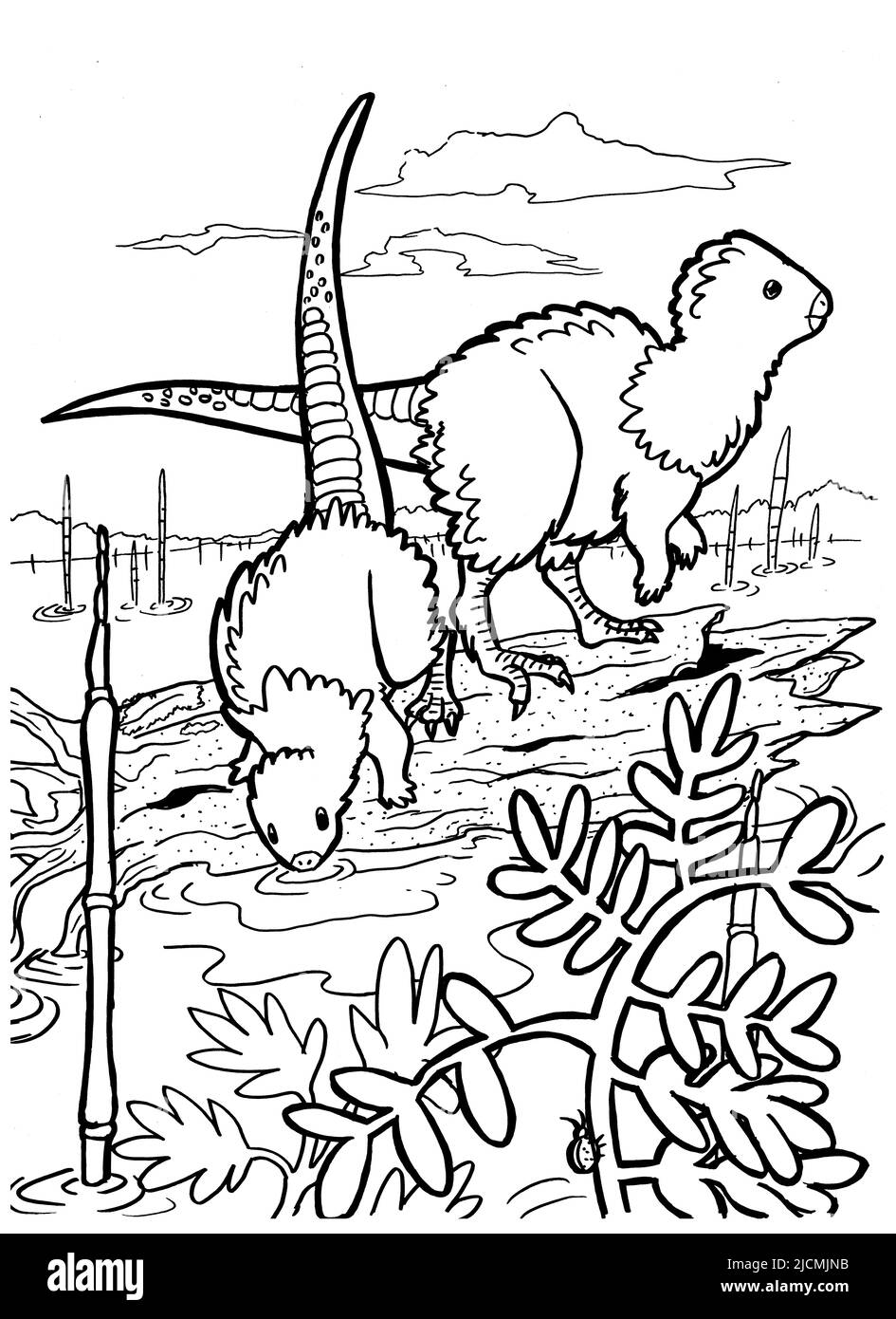 Illustration d'un dinosaure à l'encre de page en noir et blanc. Banque D'Images