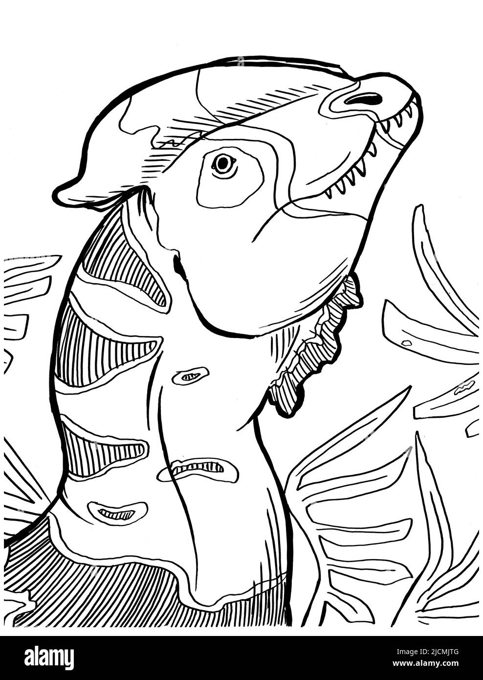 Illustration d'un dinosaure à l'encre de page en noir et blanc. Banque D'Images