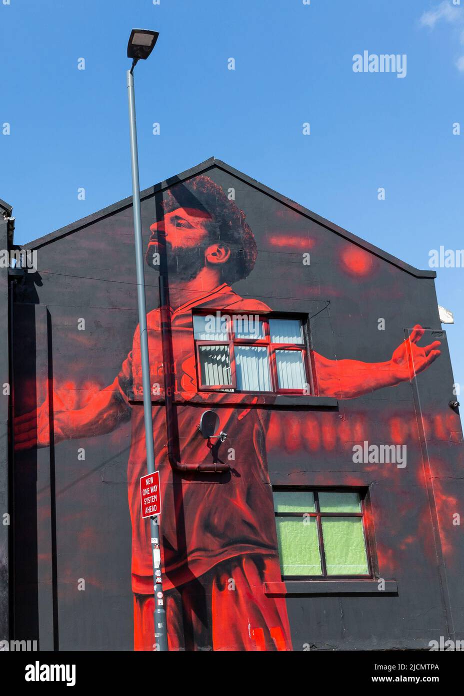 Fresque de Mo Salah, Liverpool Street art, Anfield Road, Liverpool, Angleterre, ROYAUME-UNI Banque D'Images