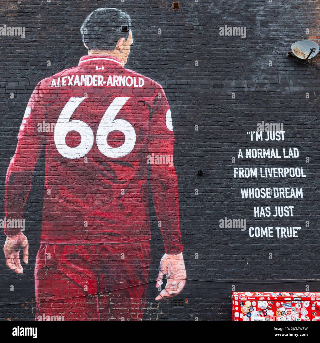 Trent Alexander-Arnold fresque, Liverpool FC Street art, Anfield, Liverpool, Angleterre, Royaume-Uni Banque D'Images