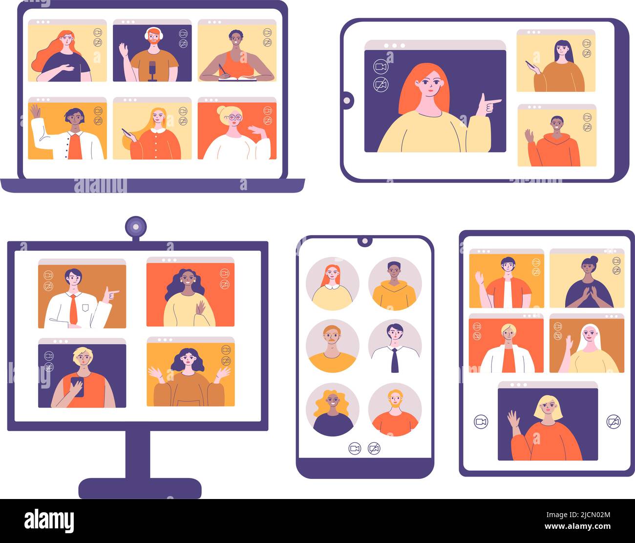 Écrans de visioconférence. Réunion d'équipe à distance sur un écran d'ordinateur, écran d'ordinateur portable avec application de chat en ligne et illustration du vecteur d'appel de conférence mobile Illustration de Vecteur