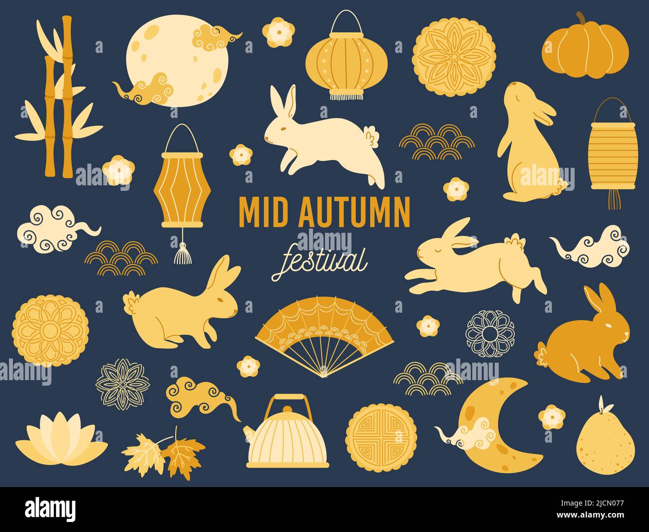 Fête des lapins au milieu de l'automne. Lotus Mooncake, lune asiatique avec nuages et vecteur doré lapin Illustration Set Illustration de Vecteur