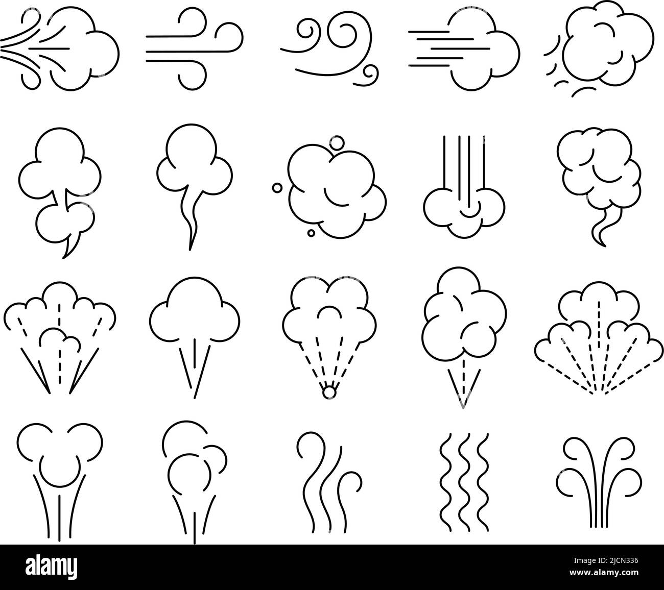 Icônes d'odeur. Symboles artistiques représentant le flux de vent, l'arôme respiré et la ligne de nuages. Jeu d'illustrations pour fumeurs et à vecteur respiratoire Illustration de Vecteur