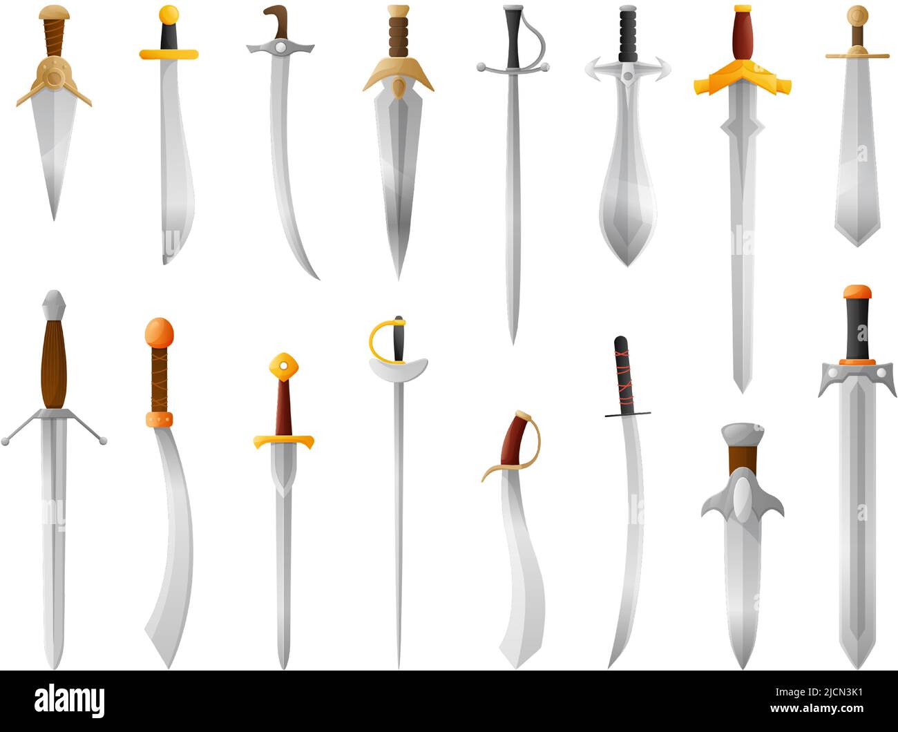 Épée de dessin animé médiévale. Arme à lame métallique, sabre de chevalier et poignard de guerre. Jeu d'illustrations vectorielles anciennes à épées isolées Illustration de Vecteur