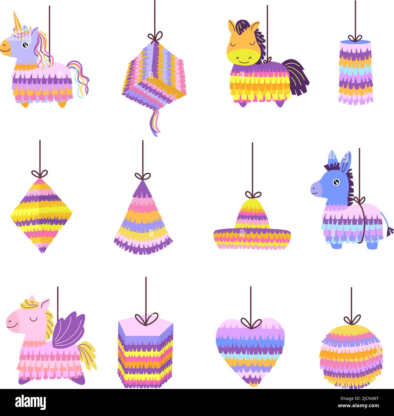 Pinatas de dessin animé. Jouet mexicain âne pour la fête, pinata d'anniversaire de cheval poney et ensemble vectoriel de licorne en papier Illustration de Vecteur