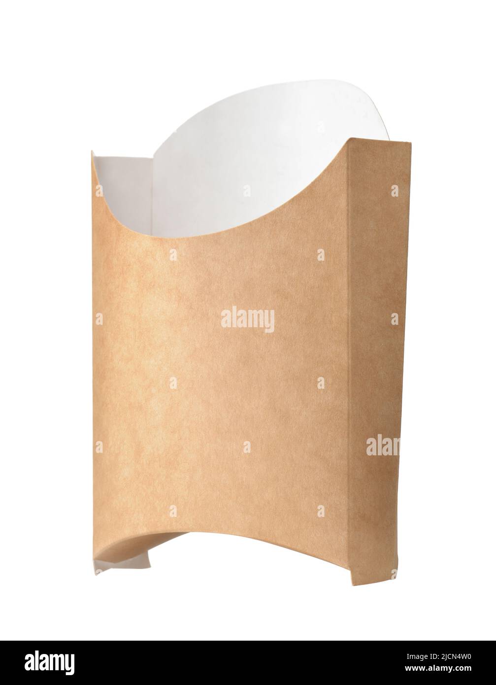 Emballage vide pour frites en papier brun isolé sur blanc Banque D'Images