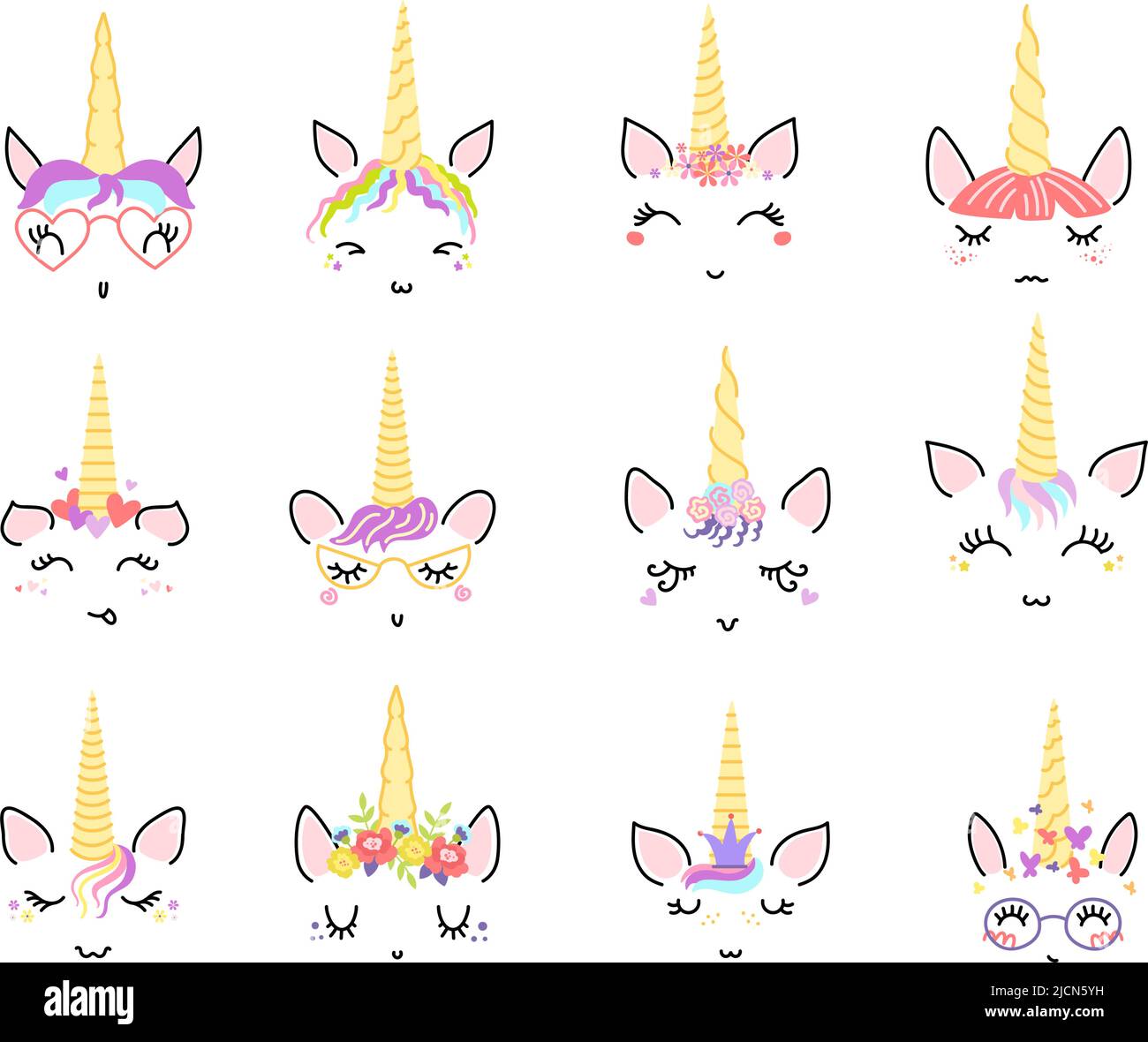 Visages UNICORN. Expressions faciales de poney mignonnes avec cheveux arc-en-ciel, cils magnifiques et corne dorée avec couronne de fleurs sur la tête Illustration de Vecteur