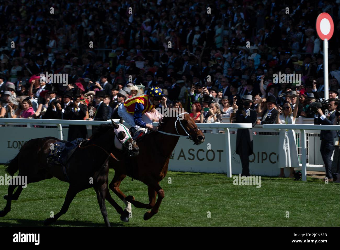 Ascot, Berkshire, Royaume-Uni. 14th juin 2022. Horse nature Strip, criblé par le jockey James McDonald, remporte les piquets du King's Stand. Propriétaires R Lyons, P Harrison, P Kean et al Cheval numéro 6, Khaadem était lâche et courut à côté de la bande de nature pendant qu'ils franchissaient la ligne. Crédit : Maureen McLean/Alay Live News Banque D'Images