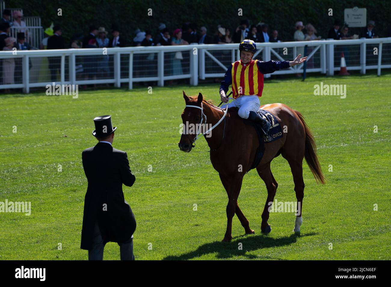 Ascot, Berkshire, Royaume-Uni. 14th juin 2022. Horse nature Strip, criblé par le jockey James McDonald, remporte les piquets du King's Stand. Propriétaires R Lyons, P Harrison, P Kean et al Cheval numéro 6, Khaadem était lâche et courut à côté de la bande de nature pendant qu'ils franchissaient la ligne. Crédit : Maureen McLean/Alay Live News Banque D'Images