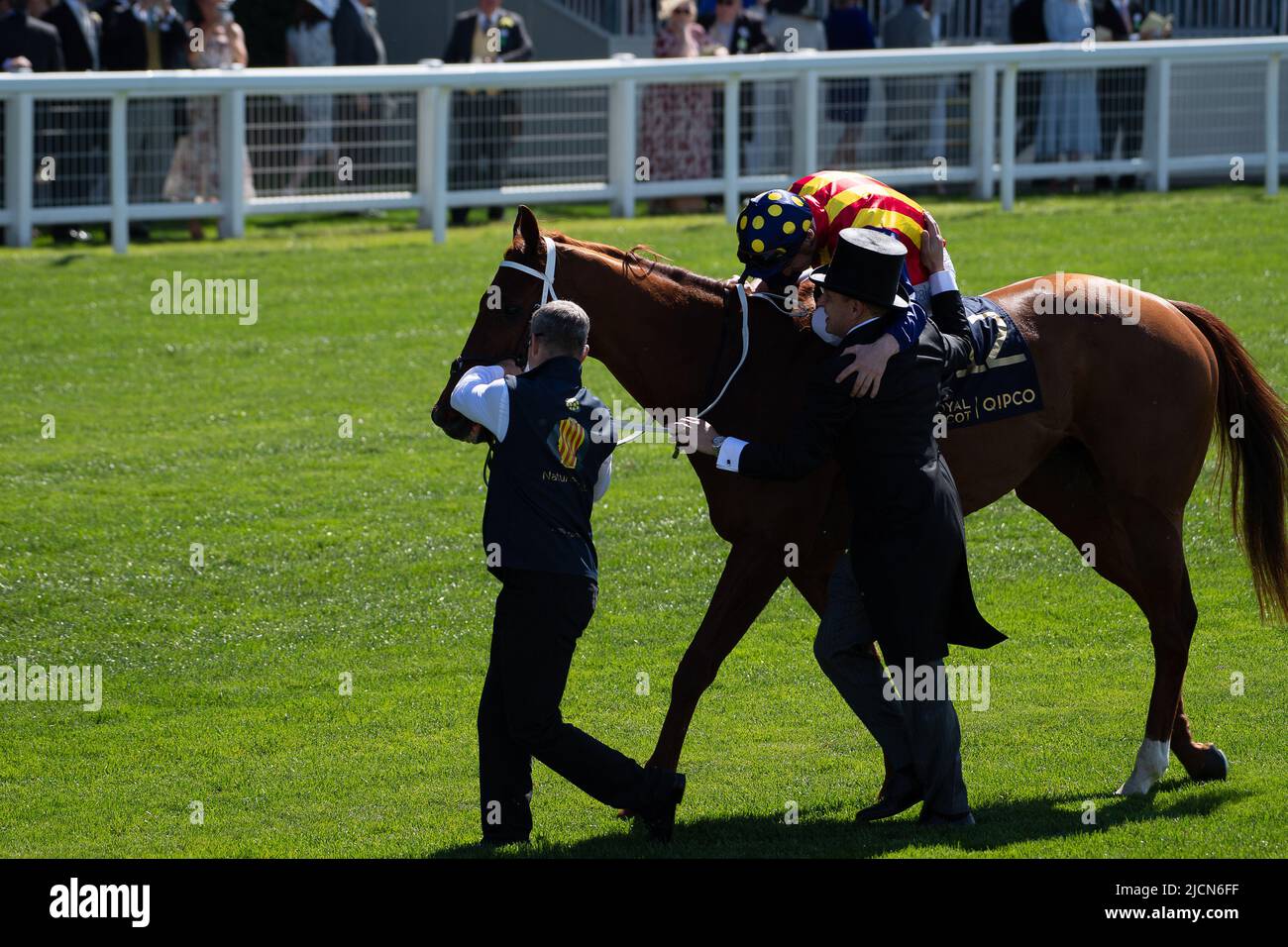 Ascot, Berkshire, Royaume-Uni. 14th juin 2022. Horse nature Strip, criblé par le jockey James McDonald, remporte les piquets du King's Stand. Propriétaires R Lyons, P Harrison, P Kean et al Cheval numéro 6, Khaadem était lâche et courut à côté de la bande de nature pendant qu'ils franchissaient la ligne. Crédit : Maureen McLean/Alay Live News Banque D'Images