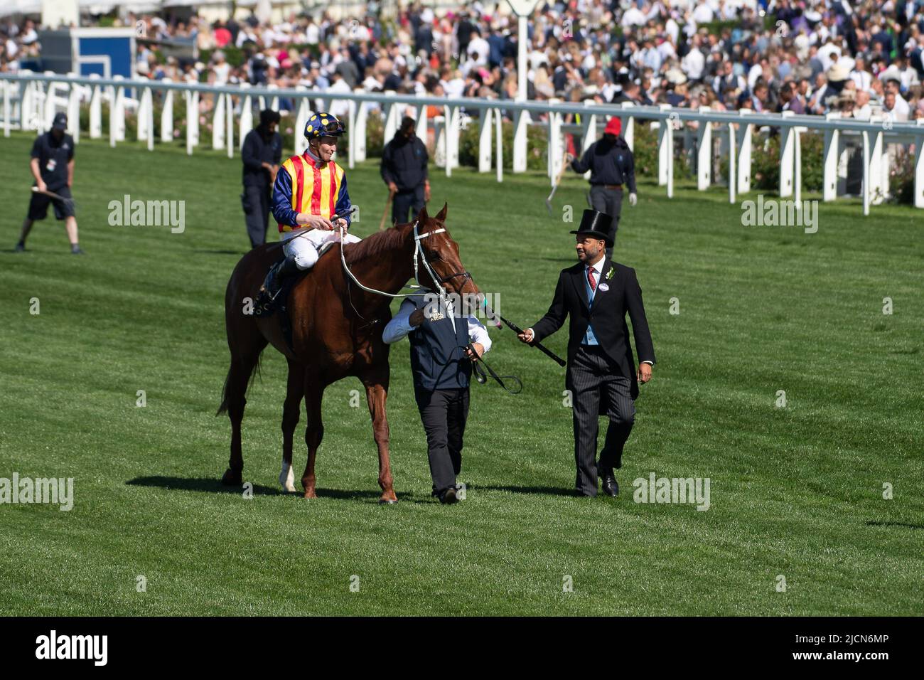 Ascot, Berkshire, Royaume-Uni. 14th juin 2022. Horse nature Strip, criblé par le jockey James McDonald, remporte les piquets du King's Stand. Propriétaires R Lyons, P Harrison, P Kean et al Cheval numéro 6, Khaadem était lâche et courut à côté de la bande de nature pendant qu'ils franchissaient la ligne. Crédit : Maureen McLean/Alay Live News Banque D'Images