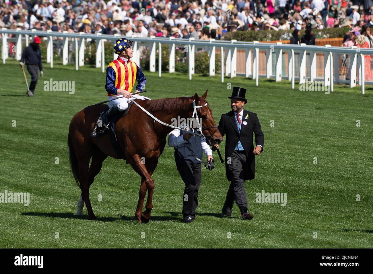 Ascot, Berkshire, Royaume-Uni. 14th juin 2022. Horse nature Strip, criblé par le jockey James McDonald, remporte les piquets du King's Stand. Propriétaires R Lyons, P Harrison, P Kean et al Cheval numéro 6, Khaadem était lâche et courut à côté de la bande de nature pendant qu'ils franchissaient la ligne. Crédit : Maureen McLean/Alay Live News Banque D'Images