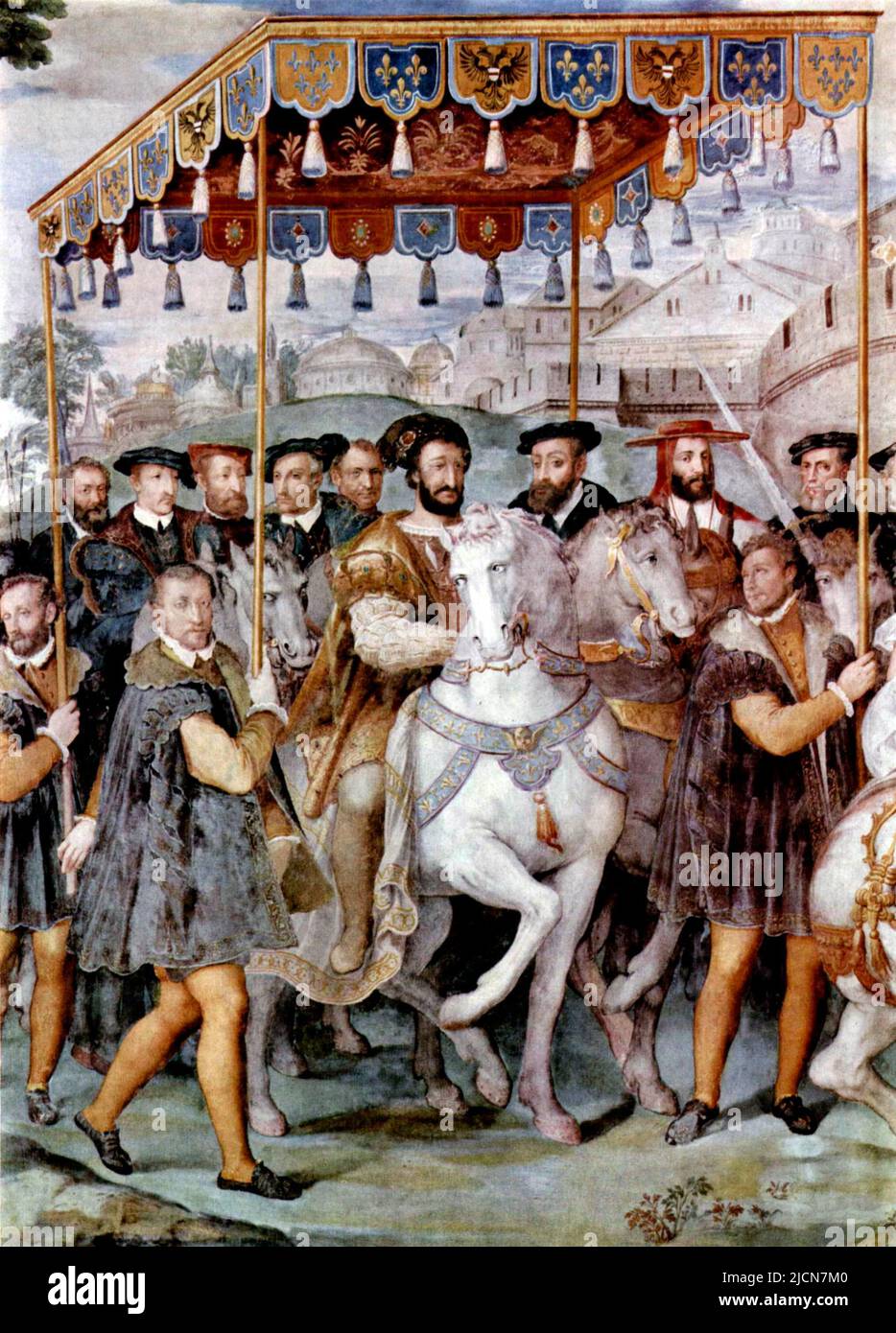 L'entrée solennelle de l'empereur Charles V, François Ier de France, et d'Alessandro Cardinal Farnese dans Paris en 1540 - Taddeo Zuccari, vers 1559 Banque D'Images